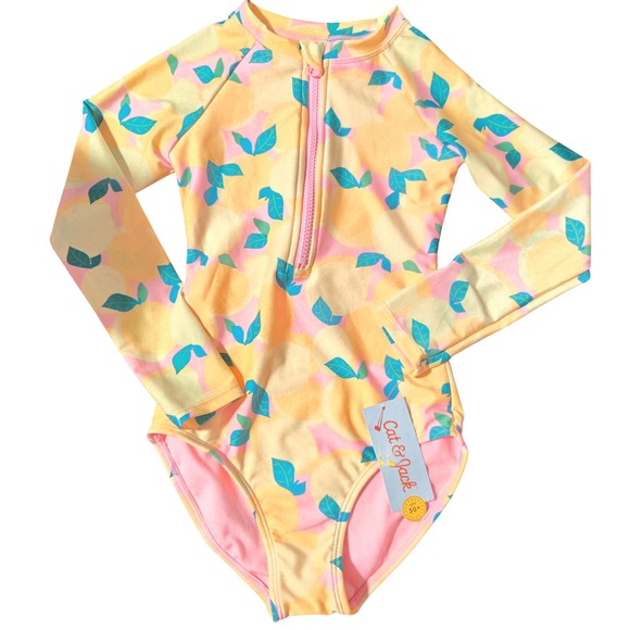 Cat & Jack Girls Lemon Print‎ Long Sleeve One Piece Swimsuit - 6/7y NWT - Picture 1 of 5